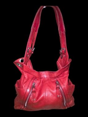 b. makowsky Red Leather Shoulder Bag with Dual Front Zips